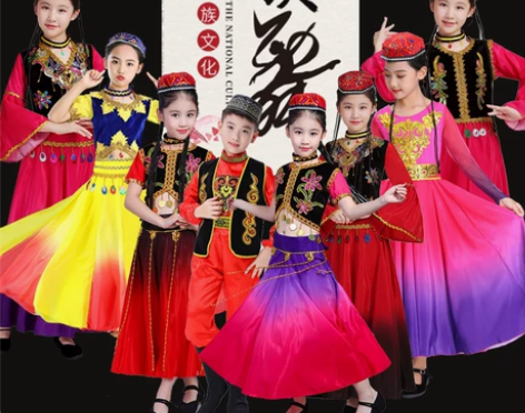 新疆舞蹈演出服儿童维吾族大摆裙表演服女童小...