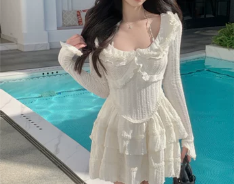 白色荷叶边长袖连衣裙女春2023新款法式收...