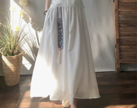 文艺复古民族风刺绣流苏飘逸棉麻纱半身裙春夏...