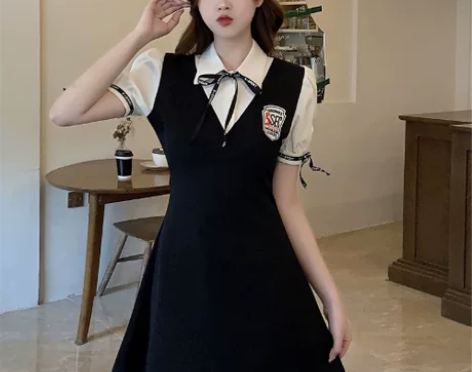 大码胖MM学院风减龄蝴蝶结连衣裙女夏季收腰...