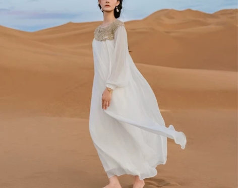 生活在左100%桑蚕丝连衣裙手钩花气质复古...