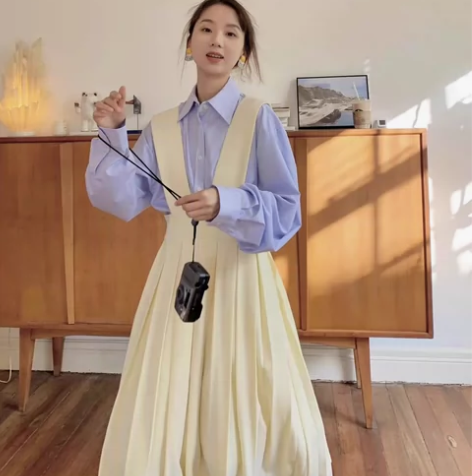 freshtaro 鹅黄色百褶背带连衣裙 ...