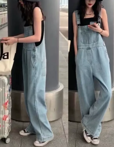 牛仔背带裤女韩版宽松秋季网红直筒阔腿裤