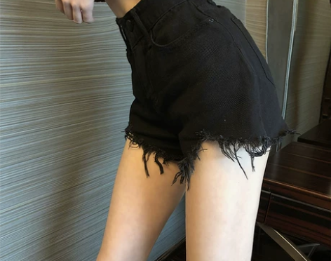 黑色毛边牛仔短裤女秋季2022新款高腰显瘦...