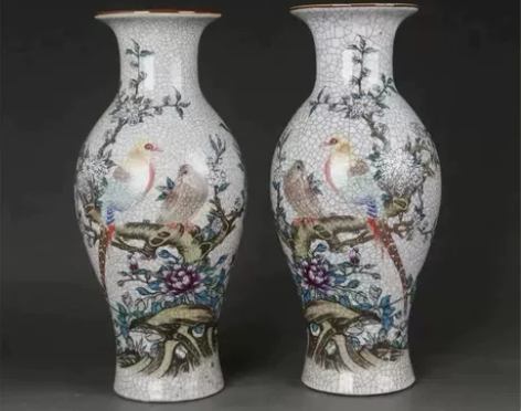 【捡漏一对包邮】清乾隆裂纹釉粉彩鸟语花香观...