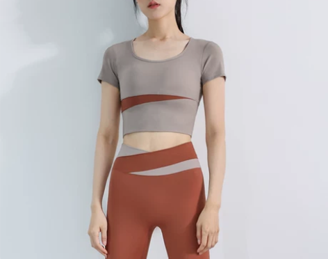 健身服女短袖带胸垫固定一体式普拉提瑜伽服上...