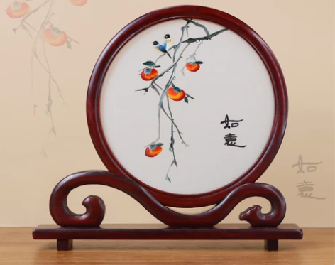 苏绣双面绣柿柿如意刺绣摆件手工刺绣摆台中国...