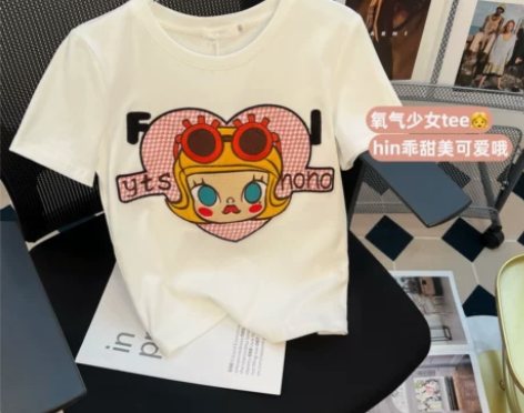 潮牌辣妹重工刺绣卡通图案短袖T恤女夏修身显...