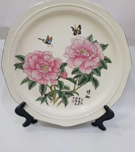 八十年代情趣手绘蝴碟牡丹图看盘淄博名家手绘...