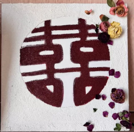 新婚装饰画，生日装饰画 红底石英砂丙烯画，...