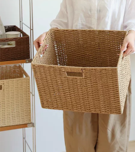 日式简约仿草编藤编杂物零食玩具收纳筐收纳篮...