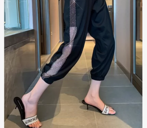 包邮全新薄款女装休闲运动裤网格亮钻哈伦裤镂...