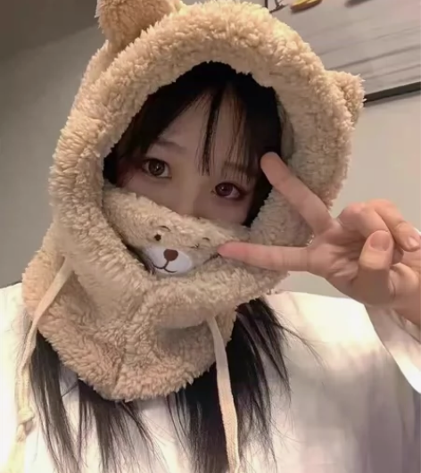可爱小熊帽女秋冬防风帽骑车防吹保暖护耳口罩...