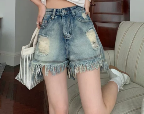 夏天裤子夏季新款破洞毛边牛仔热裤女高腰显瘦...