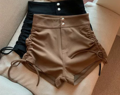 韩版百搭性感抽绳休闲西装阔腿短裤女高腰双扣...