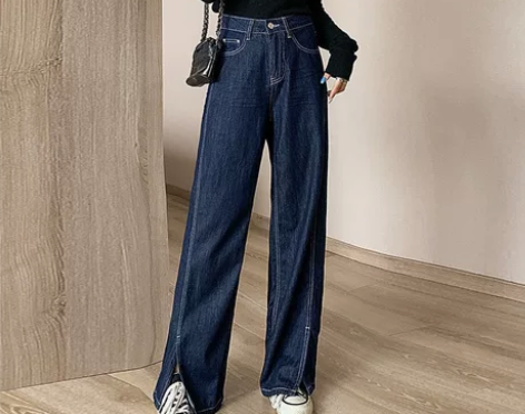 高个子深色开叉高腰加长牛仔裤女宽松显瘦学生...