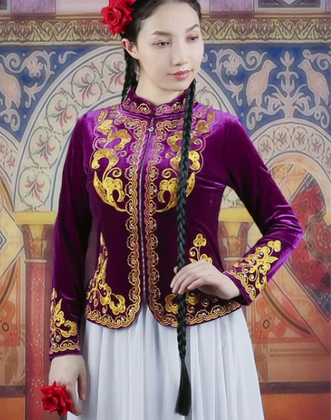 ?新疆舞蹈演出服装金丝绒黑色女款长袖上衣绣...