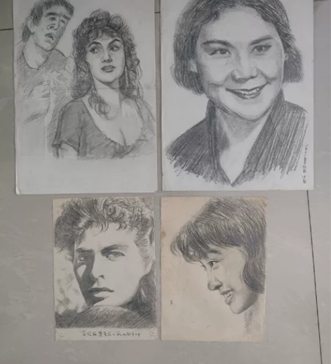 手绘四张80年代手绘明星素描画还有其他几副...