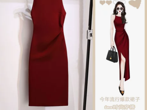 气质女神高级感酒红色吊带连衣裙女夏季202...