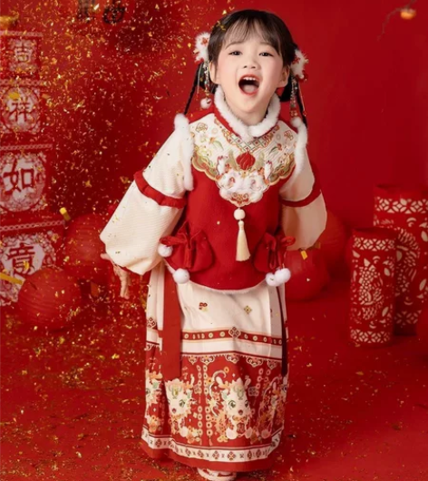 萌乎同款2024龙年汉服女童冬季套装拜年服...
