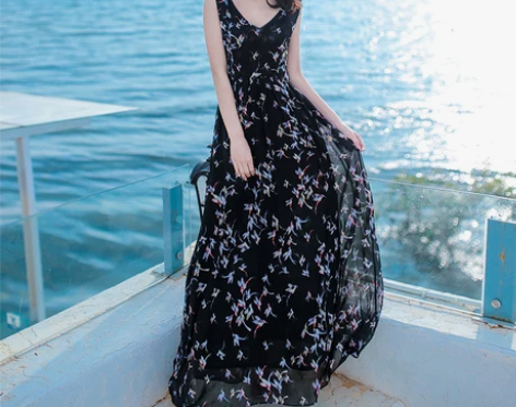 2016夏季新品女装V领裙子无袖雪纺连衣裙...