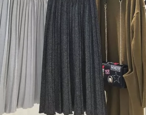 16秋冬新款亮丝中长款百褶裙高腰A字大摆半...