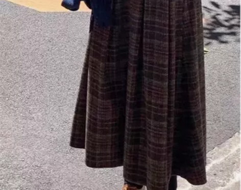 日系学院风格纹半身裙女秋冬毛呢格子百褶中长...