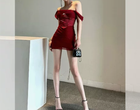 御姐风高级感法式纯欲风辣妹性感一字肩紧身包...