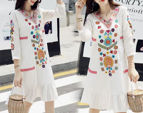 泰国沙滩裙白色大码中长款海滩裙民族风海南三...