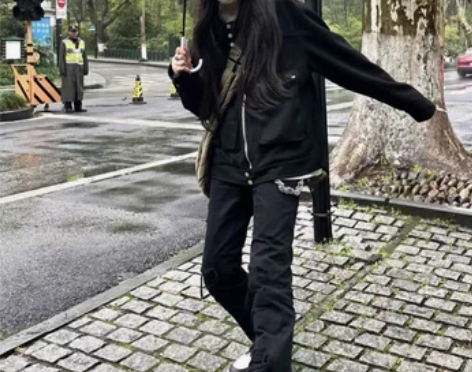 ins潮牌美式街头高街黑色微喇叭长裤直筒显...