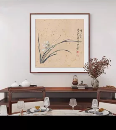 餐厅装饰画正方形张大千兰花图新中式挂画客厅...
