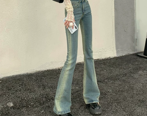 美式复古辣妹微喇叭牛仔裤女夏紧身渐变修容裤...