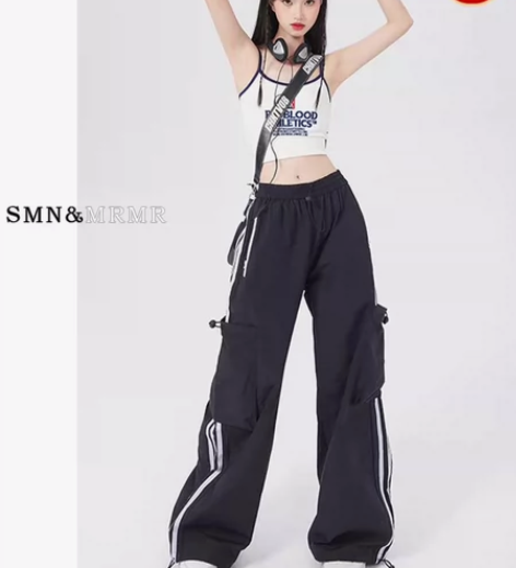 美式速干阔腿工装裤女秋季新款冰丝三条杠高腰...