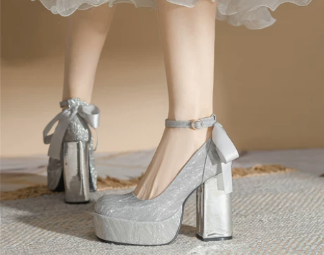 增高12CM小个子银色高跟鞋粗跟法式玛丽珍...