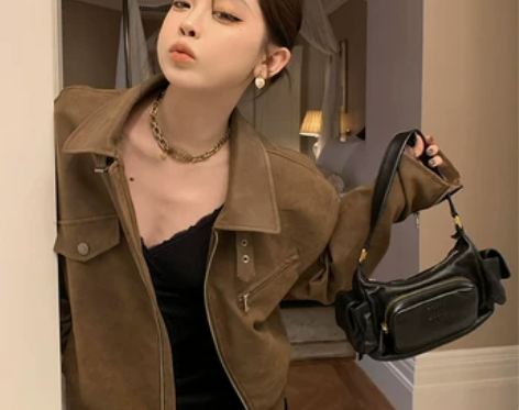 番茄侠 城市猎人 棕色麂皮翻领pu皮衣夹克...