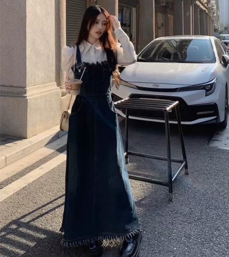 大码法式牛仔背带裙女春秋季裙子胖mm吊带连...