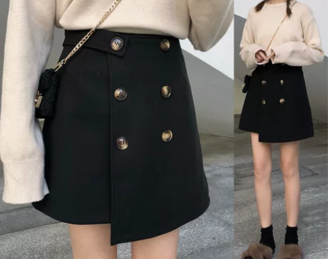 毛呢短裙女秋冬大码双排扣半身裙胖mm200...