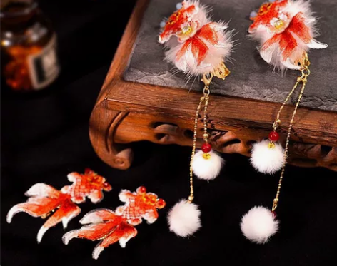 锦鲤毛球发夹头饰古风汉服毛绒红色秋冬儿童对...