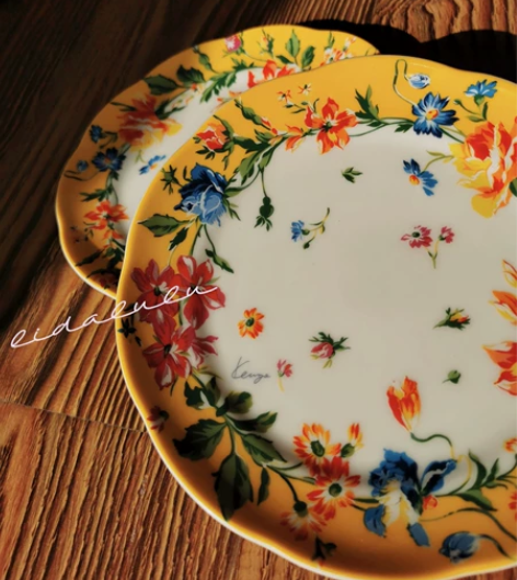 日本Kenzo民族风黄色釉花甜品盘16cm...