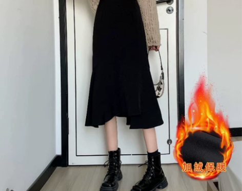 黑色加绒半身裙女2024新款大码胖妹妹高腰...