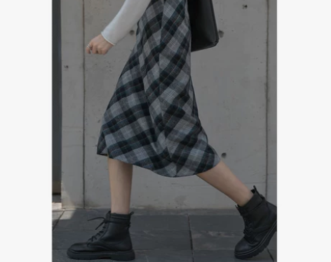 【格子高腰毛呢半身裙女2022秋冬新款宽松...