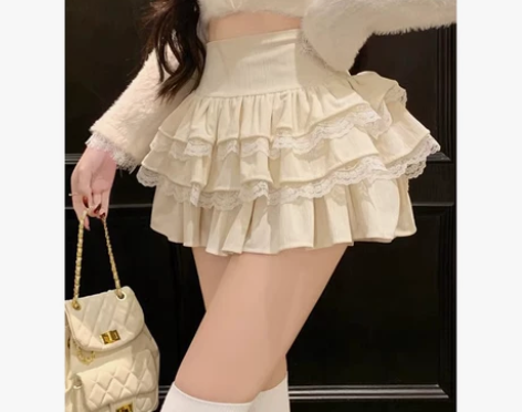 纯欲蕾丝半身裙女装春秋裙子显瘦高腰蓬蓬裙小...