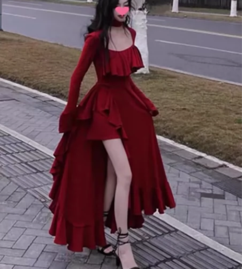 法式浪漫赫本风红色大裙摆连衣裙女成人礼服夏...