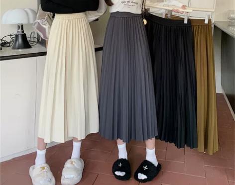 实拍大码胖MM韩版秋季松紧高腰百褶裙显瘦垂...
