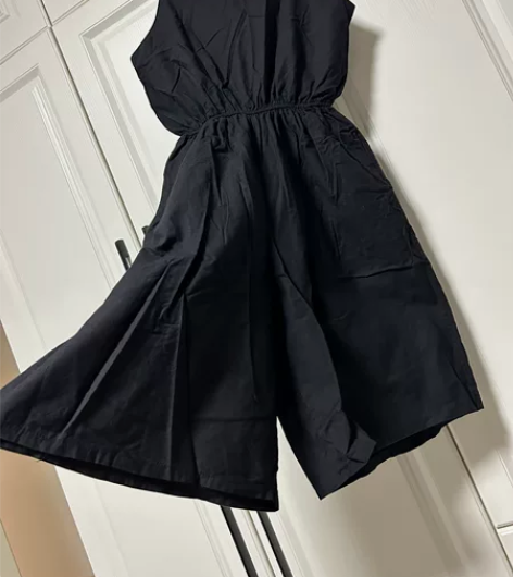 全棉麻黑色背带裤，七分裤，背带可调节，有口...