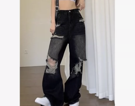 黑色水洗破洞牛仔裤女夏季高腰显瘦设计感直筒...