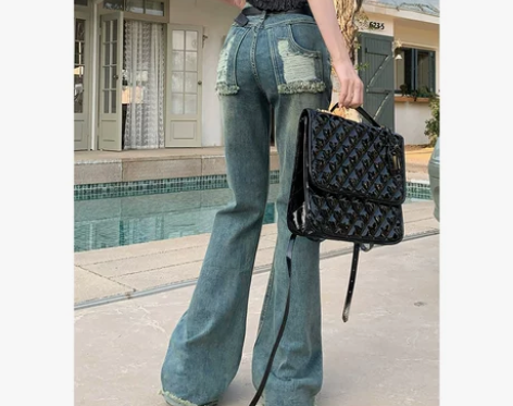 复古水洗做旧毛边高腰微喇叭牛仔裤女新款显瘦...