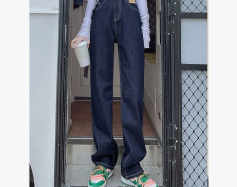 高腰阔腿牛仔裤女2022年新款春秋深蓝色梨...