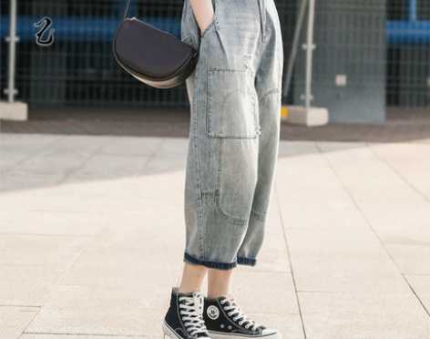 善己风宽松复古裤拼接老爹文艺小脚牛仔裤BF...
