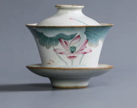 景德镇汝窑三才盖碗茶杯手绘荷花单个陶瓷泡茶...